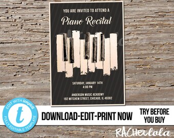 Editable Piano recital invitation, Printable template, Senior Concert, Music teacher Retirement party reception, Instant download, Templett