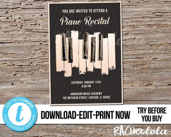 Editable Piano recital invitation, Printable template, Senior Concert, Music teacher Retirement party reception, Instant download, Templett Il_570xn