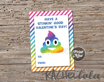 Rainbow Poop Emoji Valentine's day card for kids, Printable template, Girl, Boy, Teen, Stinkin good, School, Instant download, DIY, digital