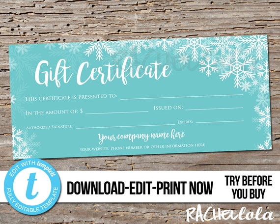 Editable Custom Printable Winter snow Gift Certificate | Etsy