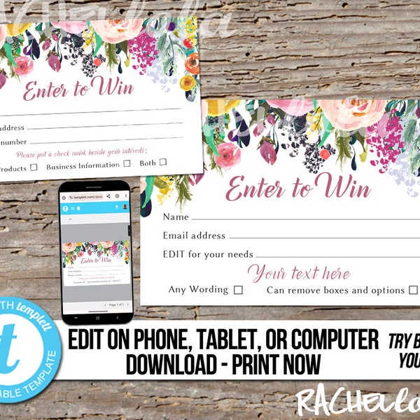 Editable Raffle ticket template, Printable door prize entry form, Enter to win giveaway, Photography session, Instant download, Templett