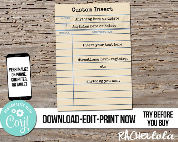 Editable custom Library Card invitation insert, Printable Template, Thank You, Detail, RSVP, Response, Book Baby, Birthday, Instant download Il_570xn