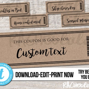 Editable custom printable Kraft Coupon template, Gift certificate, Valentine, Birthday, Love, Mothers day, Rustic, Date night, Digital, DIY image 1