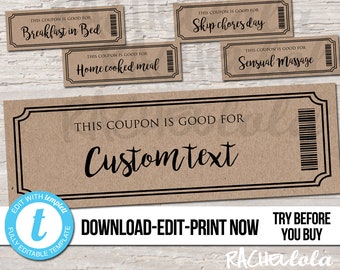 Editable custom printable Kraft Coupon template, Gift certificate, Valentine, Birthday, Love, Mothers day, Rustic, Date night, Digital, DIY