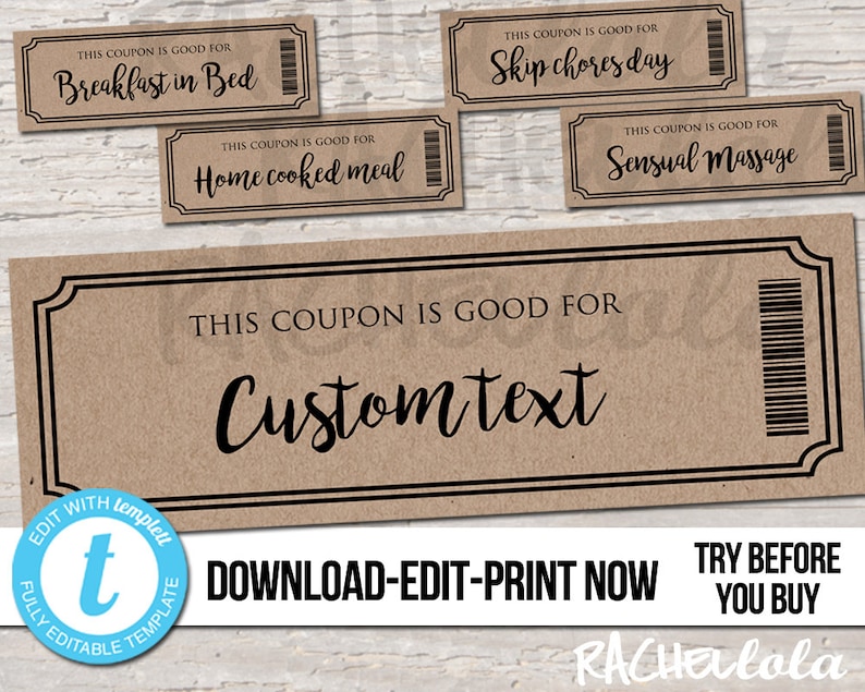 Editable custom printable Kraft Coupon template, Gift certificate, Valentine, Birthday, Love, Mothers day, Rustic, Date night, Digital, DIY image 1