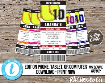 Editable Softball ticket, Birthday invitation printable template, Season banquet, Team party, Tournament, Digital instant download, Templett