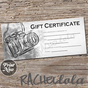 Printable Photography Gift Certificate template, Photo session voucher, Black & White Camera card, Instant download, Digital Photographer image 1