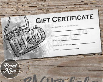 Printable Photography Gift Certificate template, Photo session voucher, Black & White Camera card, Instant download, Digital Photographer