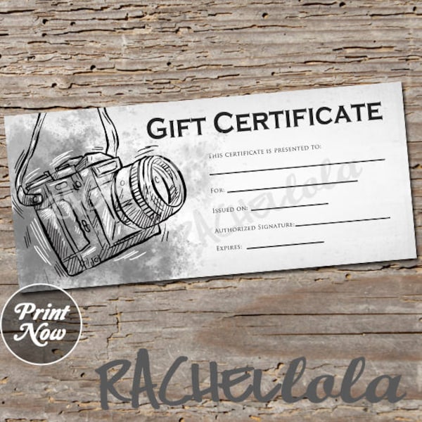 Printable Photography Gift Certificate template, Photo session voucher, Black & White Camera card, Instant download, Digital Photographer