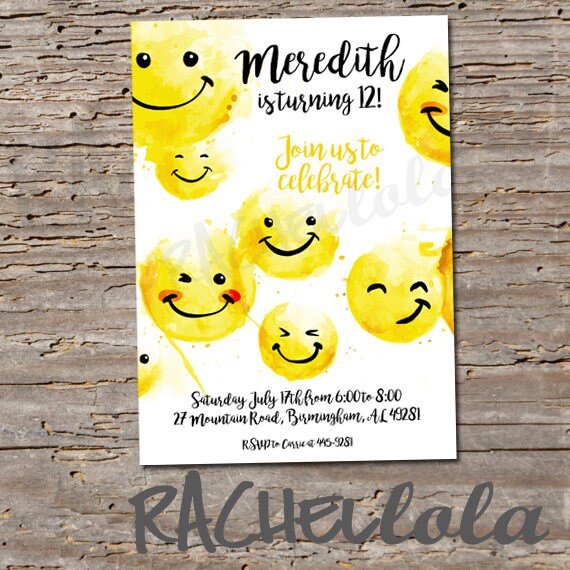 Watercolor Emoji 1st Birthday Party Invitation Girl Boy Teen