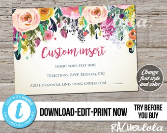 Editable custom invitation insert, Floral Printable Template, Thank you, Wedding Detail, RSVP, Response, Baby, Birthday, Instant download