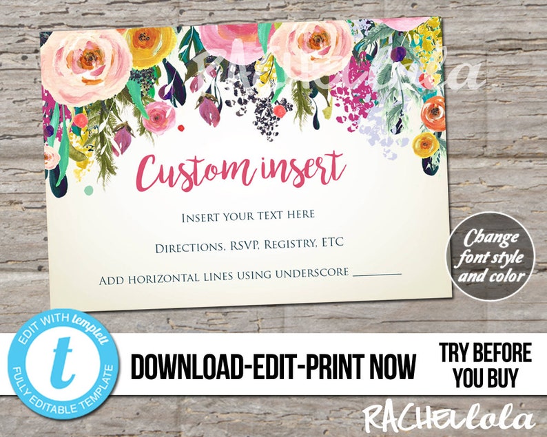 Editable Custom Invitation Insert Floral Printable Template Etsy