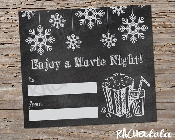 Christmas Movie night Gift Tag printable, Chalkboard Sticker, Digital template, Winter Candy, Teacher, Popcorn, Last minute Instant download Il_570xn