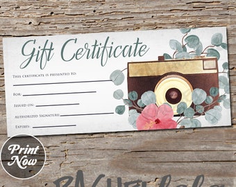 Printable Photography Gift Certificate template, Photo Session voucher, Mother's day, Christmas, Floral Gold, Photographer, Instant download