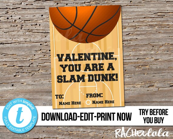 Editable custom Basketball Valentine's day card for kids, Printable template, School, Boy, Girl, Teen, Sports, Personalized digital download Il_570xn