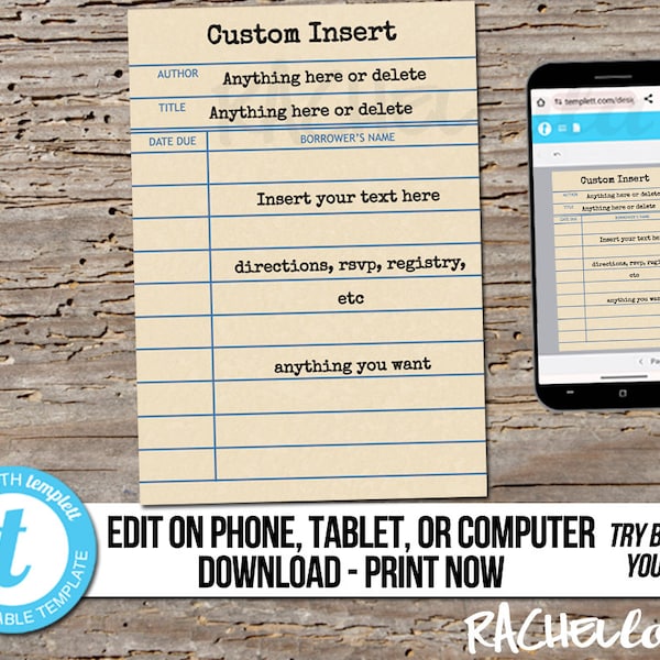 Einladungseinlage für Bibliothekskarte, druckbare Vorlage, Dankeschön, Hochzeitsdetail, RSVP-Antwort, Buchbaby, Geburtstag, Download, bearbeitbar individuell