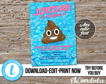 Editable Poop Emoji Pool Party, Birthday Invitation, Printable template, Swim Splash pad, Slip & Slide, Digital instant download Templett