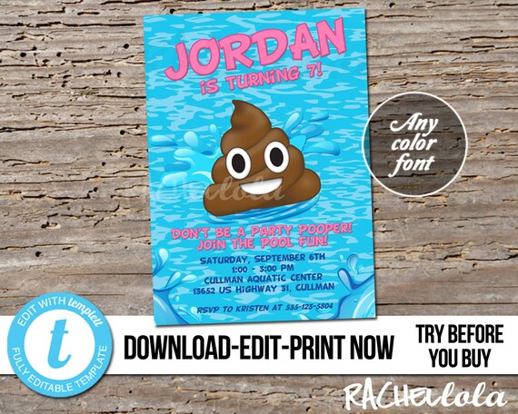 Editable Poop Emoji Pool Party Birthday Invitation Printable Template editable-poop-emoji-pool-party-birthday-invitation-printable-template