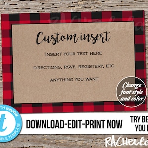 Editable custom invitation insert, Red buffalo plaid Printable Template, Thank You, Detail, RSVP, Response, Baby, Birthday, Instant download image 1