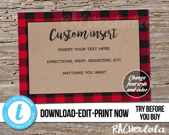 Editable custom invitation insert, Red buffalo plaid Printable Template