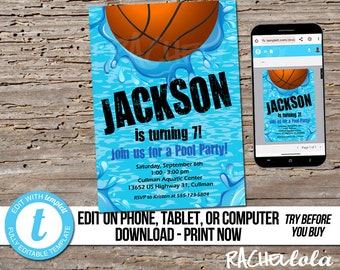 Editable Basketball Pool Party, Birthday Invitation, Printable template, Swim invite, End of season team, Digital instant download Templett