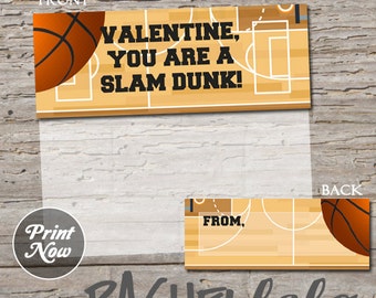 Basketball Valentine bag topper, Valentine's day card, kids, printable party favor, goodie bag label, school, sports, Instant download, gift