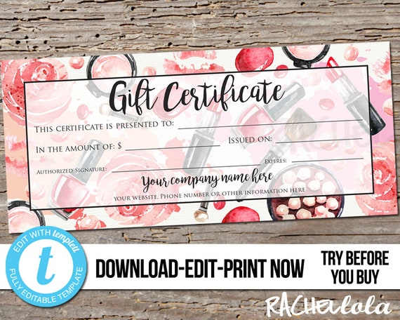 Editable Custom Makeup Gift Certificate, Printable template, Salon