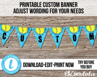 Editable Softball Pool Party Birthday Banner, Printable template, Swim, Team, Garland, Flag, Bunting, Digital instant download Templett