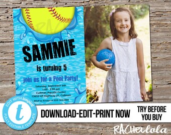 Editable Softball Pool Party, Birthday Invitation with photo, Printable template, End of season team swim, Digital instant download Templett