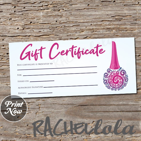 Printable Nail salon Gift Certificate, Fillable template, Manicure, Pedicure, Christmas, Coupon voucher, Mothers day, Instant download