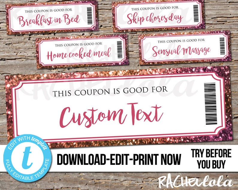 Editable custom printable pink glitter Coupon template Gift Etsy