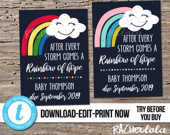 Editable Rainbow Baby Pregnancy announcement sign, of Hope, Reveal after loss, Printable template, Adoption, Digital download, Templett