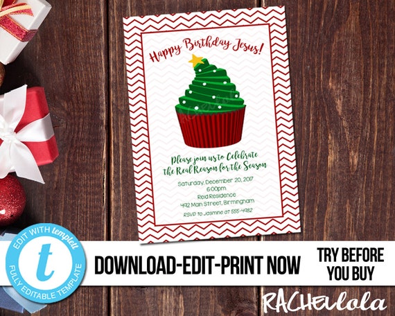 Editable Happy Birthday Jesus Christmas Party Invitation Church Sunday School Cupcake Kids Printable Template Digital Download Templett - 