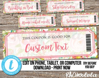Printable Coupon template, Gift certificate voucher, Valentine, Birthday, Mothers day, Love, Fillable, Date night, Digital Editable custom