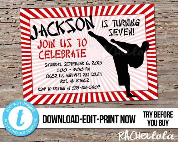 Editable Red Karate Birthday party invitation, Printable template, Invite, Boy, Girl, Taekwondo, Belt ceremony, Digital download, Templett Il_570xn