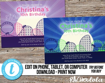 Editable Roller coaster birthday party invitation, Amusement Park, Printable template, Theme park, Boy, Girl, Digital download, Templett