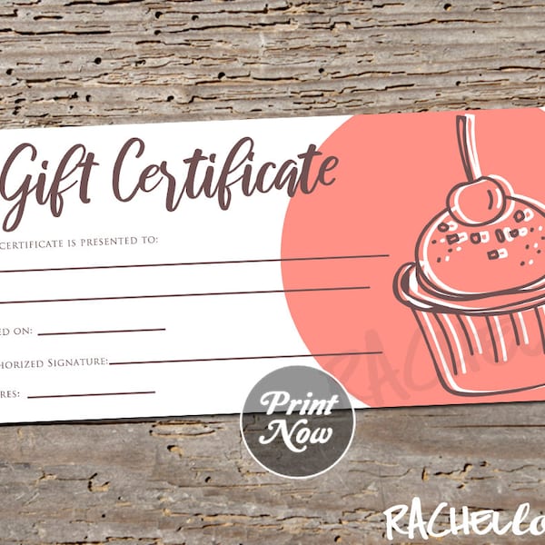 Printable Gift Certificate, Cupcake fillable template, Bakery coupon voucher, Baking class lesson, Restaurant, Dessert, Instant download