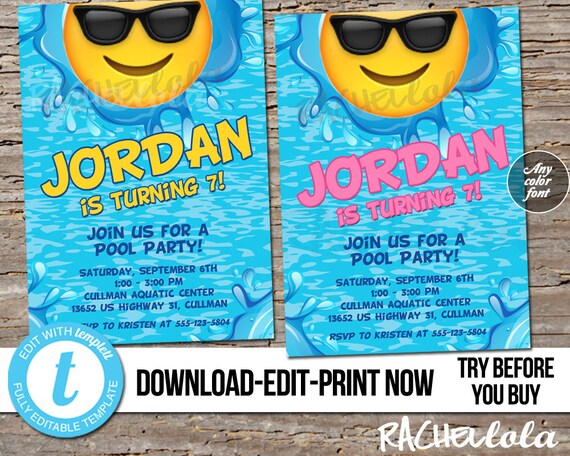 Editable Emoji Pool Party, Birthday Invitation, Printable template, Swim Splash pad, Slip & Slide, Lake, Boy Girl, Digital download Templett Il_570xn