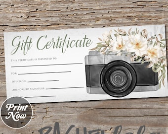 Printable Photography Gift Certificate template, Mother's day, Christmas, Photo Session Voucher card, Photographer, Green, Instant download