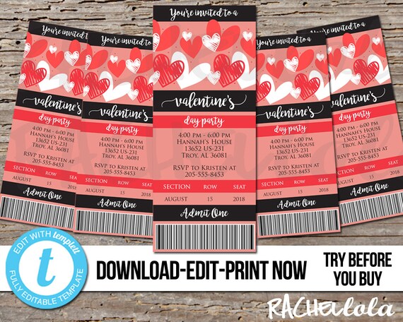 Editable Valentine's day party ticket invitation, Printable template, Kids, Girls night, Church banquet, School, Digital download, Templett Il_570xn