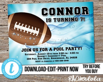 Editable Football Pool Party, Birthday Invitation, Printable template, End of season team swim invite, Digital instant download Templett