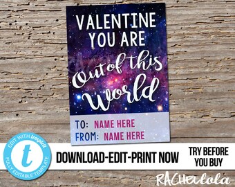 Galaxy Valentine's day card for kids, Printable template, Editable custom, School, Girl, Teen, Outer space, Personalized digital download