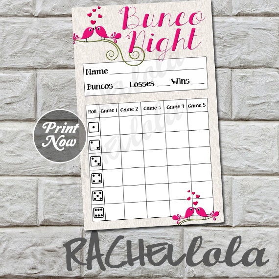 Birds with Hearts Bunco score card, Score sheet, Valentine love Bunko ...