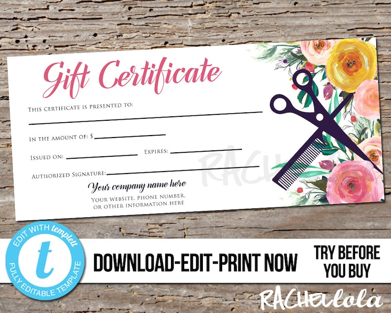 Editable Custom Hair Salon Gift Certificate template , Printable Hair stylist Gift voucher, Gift card, Instant download Templett, Flower 