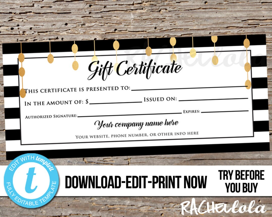 Gift Certificate Printable Template Black White Gold - Etsy