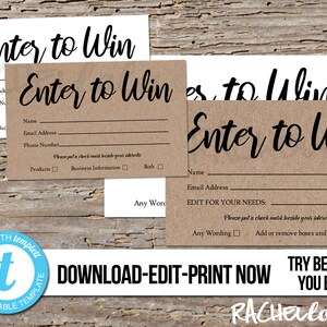 Editable Raffle ticket template, Rustic Kraft Printable door prize entry form, Enter to win giveaway, Instant, Business, Templett, Essential image 1