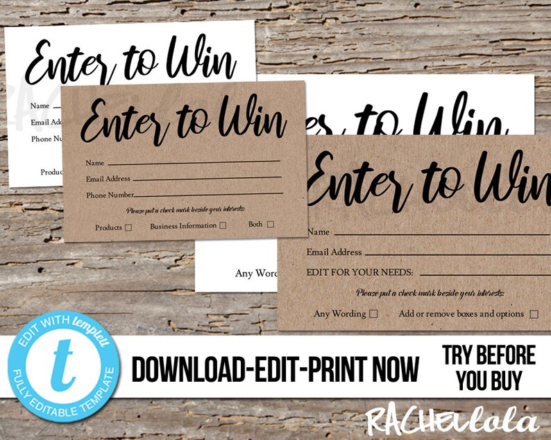 Editable Raffle ticket template, Rustic Kraft Printable door prize entry form, Enter to win giveaway, Instant, Business, Templett, Essential image 1