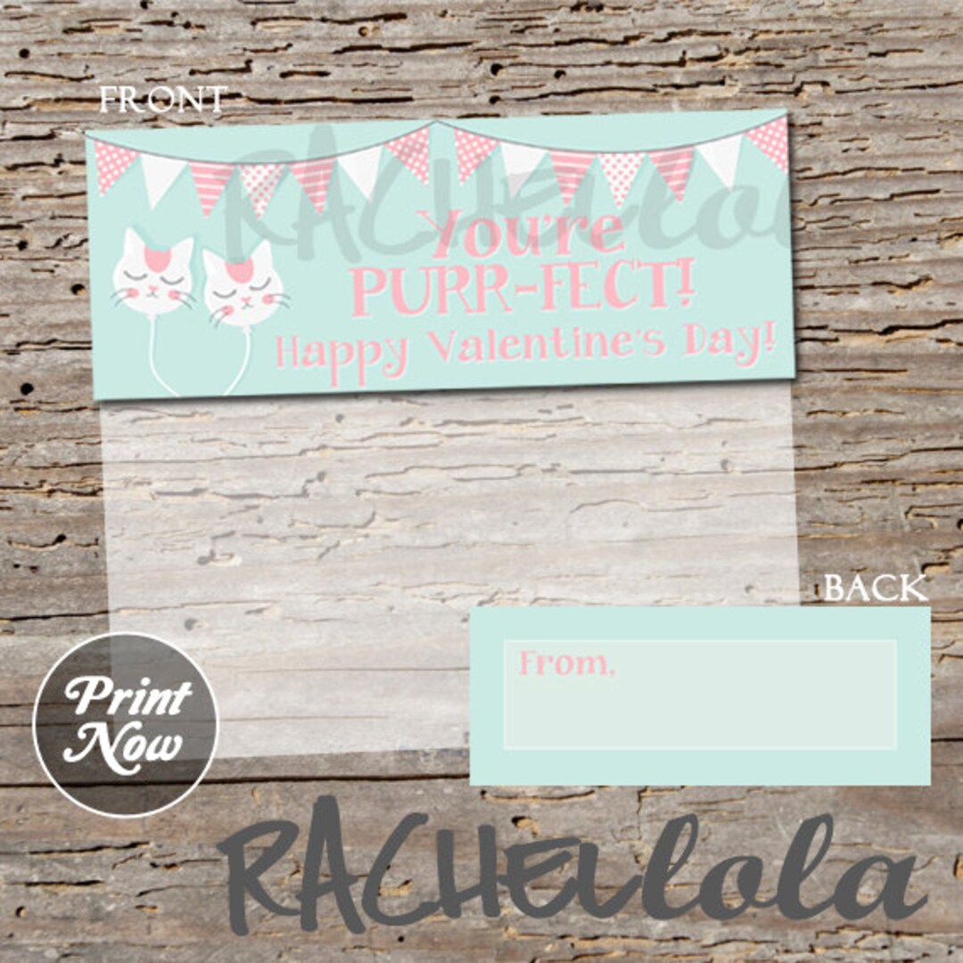 Cat Valentine Bag Topper, Printable Favor, Treat, Candy Preschool Party