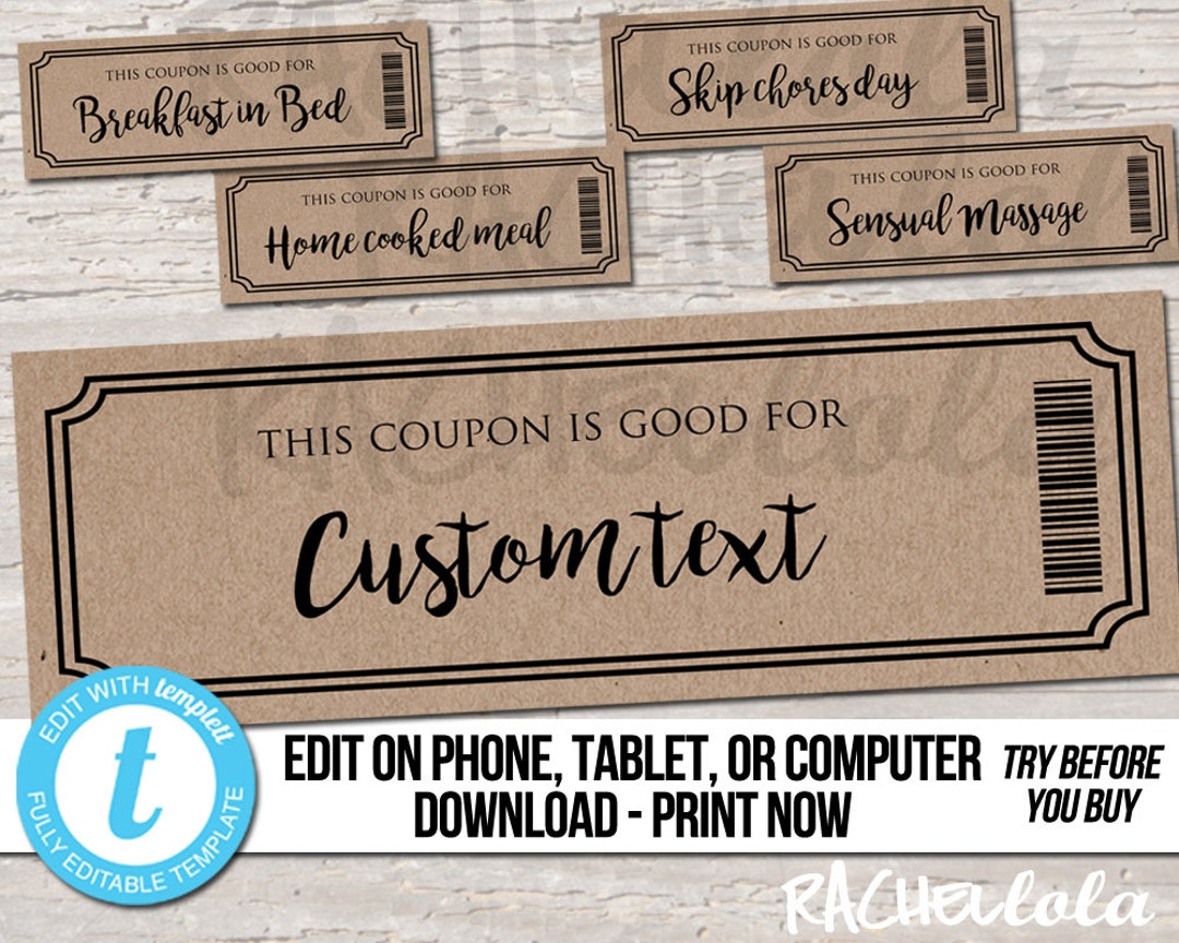 Editable Custom Printable Kraft Coupon Template, Gift Certificate, Valentine, Birthday, Love, Mothers Day, Rustic, Date Night, Digital, DIY - Etsy