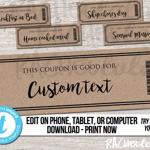 Editable custom printable Kraft Coupon template, Gift certificate, Valentine, Birthday, Love, Mothers day, Rustic, Date night, Digital, DIY